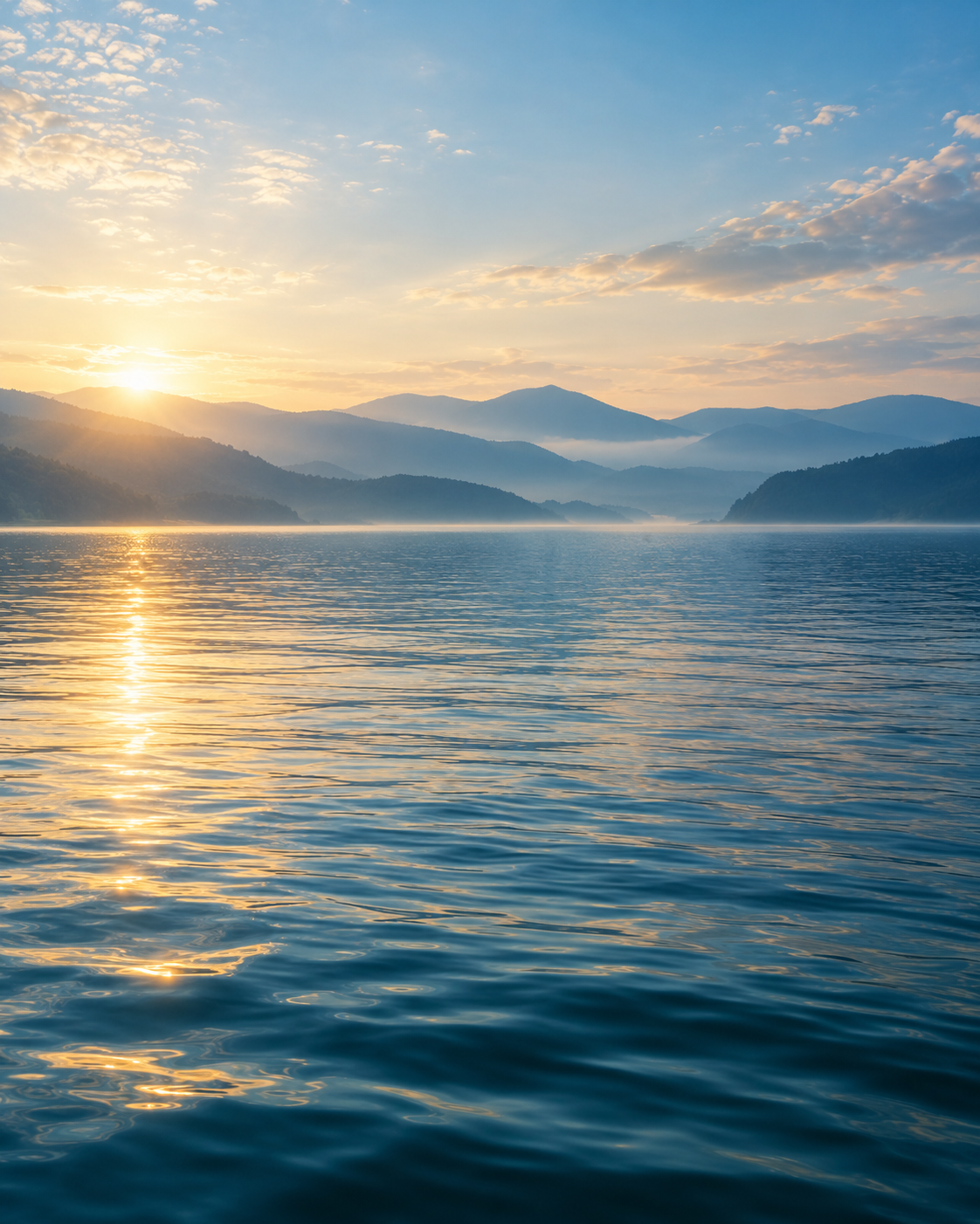Morning light across a still blue lake